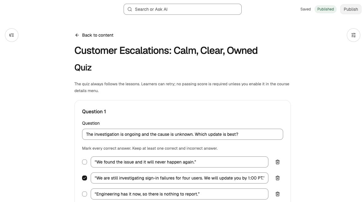 The course editor’s quiz builder with an editable question, answer choices, correct-answer controls, and publication status.