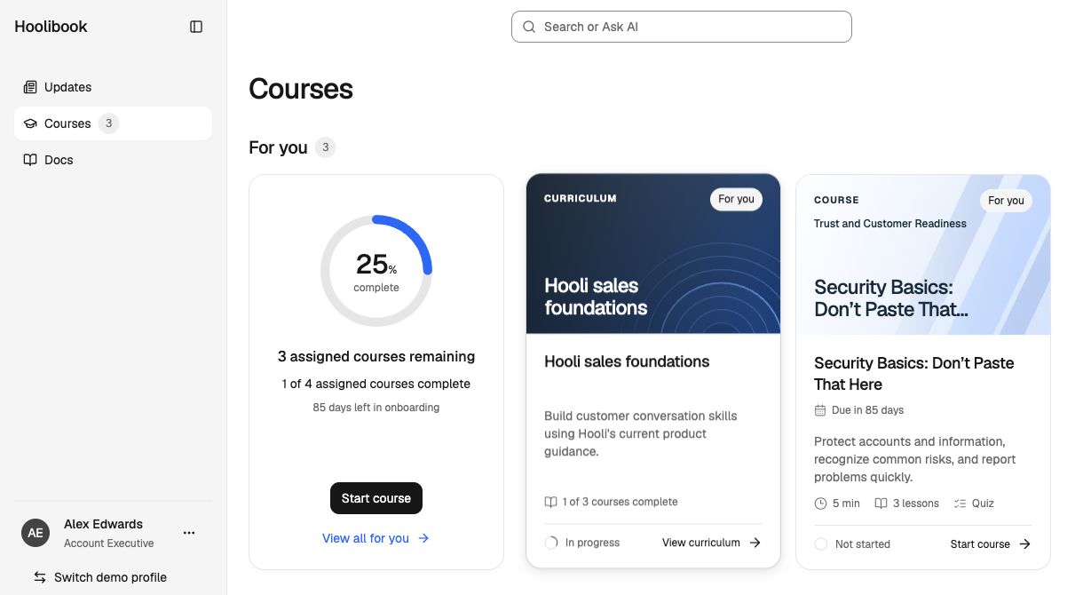 Alex Edwards’s Courses page with assigned progress, a sales curriculum, and a security course.